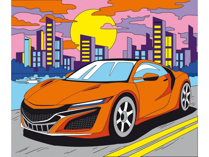 Холст с красками 25х30 см по номерам в пленке. МАШИНА НА ЗАКАТЕ