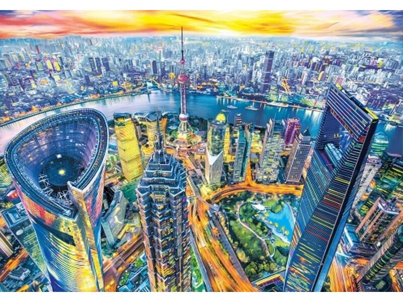 Холст с красками 40х50 см по номерам. ШАНХАЙ С ВЫСОТЫ ПТИЧЬЕГО ПОЛЕТА