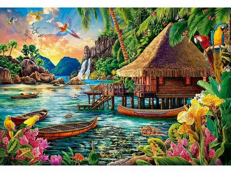 Холст с красками 40х50 см по номерам. ХИЖИНА В ТРОПИКАХ