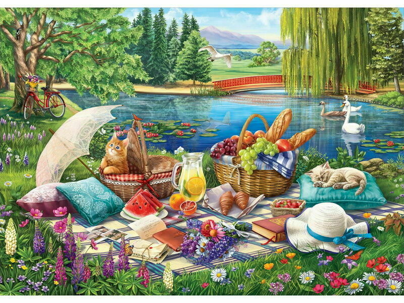 Холст с красками 40х50 см по номерам. ЛЕТНИЙ ПИКНИК С КОТЯТАМИ