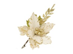 64371 [88686]Елочное украшение ЦВЕТОК белый с веточкой на клипсе 28 см 88686