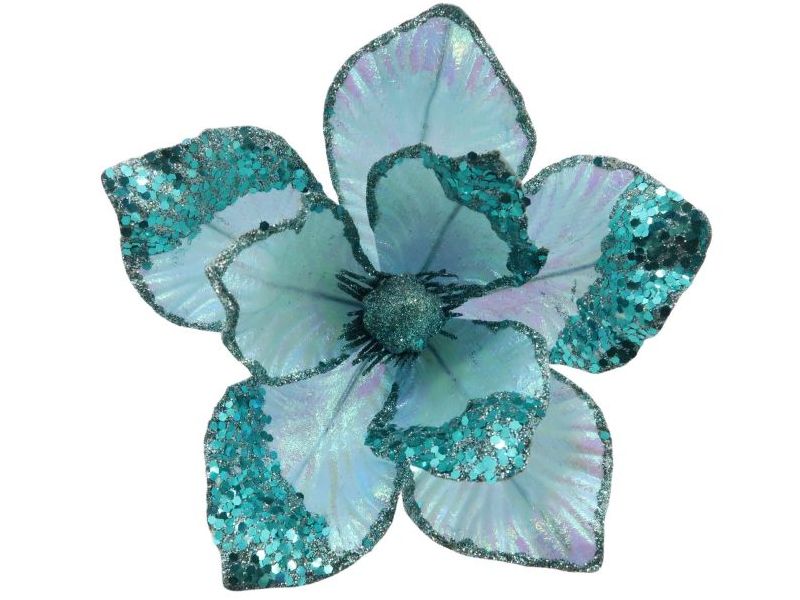 Елочное украшение ЦВЕТОК голубой на клипсе 24 см 91276