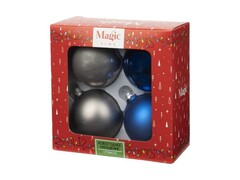 64419 [89691]Набор ШАРЫ СЕРЕБРЯНЫЙ, СИНИЙ из стекла 6 см (4шт/уп) 89691