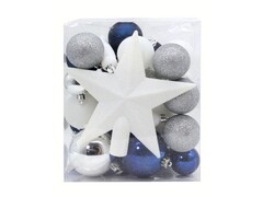 64549 [91368]Набор подвесок с верхушкой АССОРТИ СИНЕЕ, СЕРЕБРЯНОЕ и БЕЛОЕ из полистирола 20,5*13,6*25 см 91368