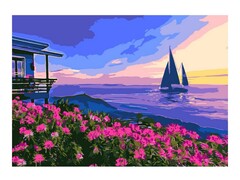 Картина на картоне с красками 20х28,5 см по номерам. ПАРУС НА ЗАКАТЕ