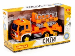 65436 [89748]Автомобиль инерц. "Сити" с подъёмником (свет, звук) оранжевый в коробке