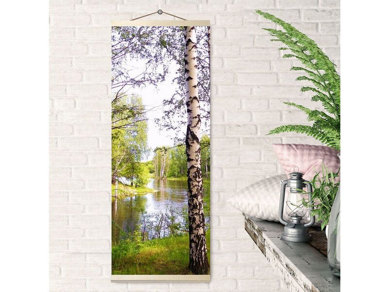 Картина-панно по номерам 35*90 см «МОЛОДЫЕ БЕРЁЗЫ НА БЕРЕГУ ОЗЕРА» (цветной холст)