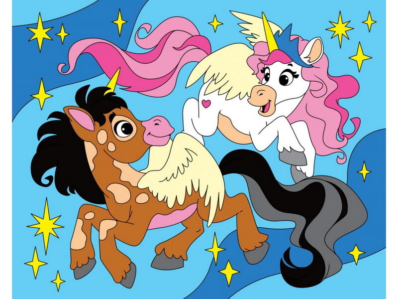 Холст с красками 20х25 см по номерам в пленке. СКАЗОЧНЫЕ ЕДИНОРОГИ