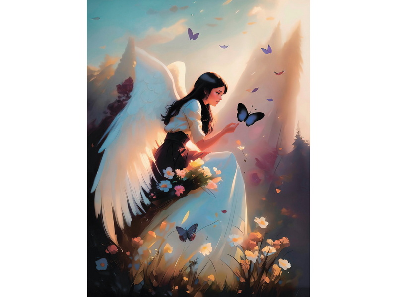 Холст с красками 30х40 см по номерам. АНГЕЛ ЛЮБУЕТСЯ БАБОЧКОЙ