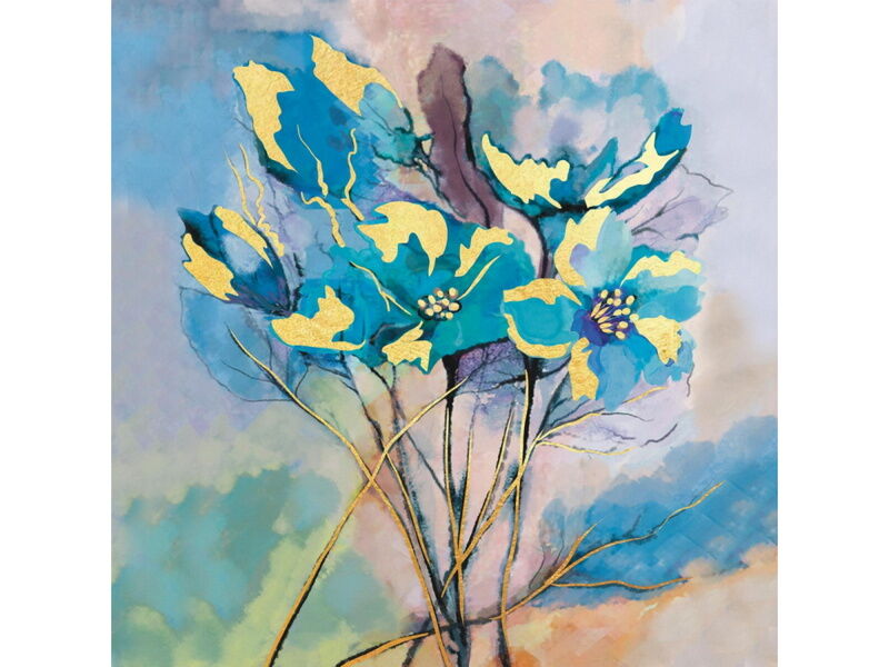 Холст с красками 40х40 см по номерам с золотой поталью. ГОЛУБЫЕ ЦВЕТЫ
