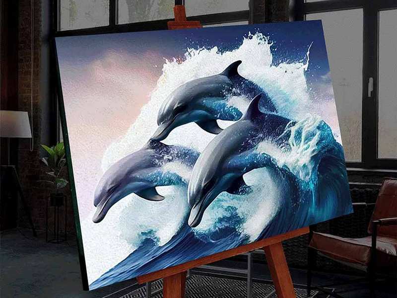 Картина по номерам 40*50 см «ДЕЛЬФИНЫ В МОРЕ» (светится в темноте)