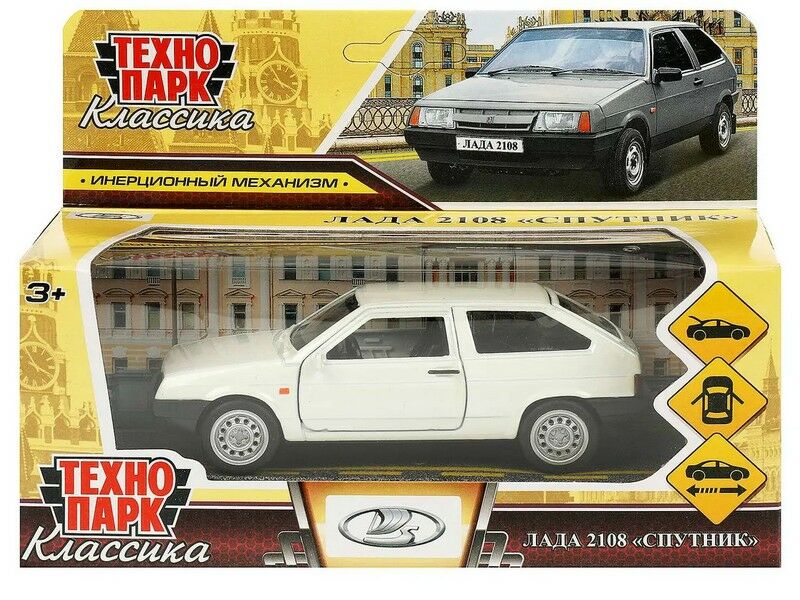 ТЕХНОПАРК Машина LADA-2108 "СПУТНИК" белый металл. инерц. 12 см (открыв. двери, багажник) в кор.