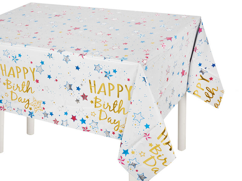 Скатерть «Happy Birthday» (звезды, белый металлик) 1,37*1,83 м