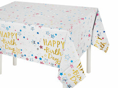 68143 [6233077]Скатерть «Happy Birthday» (звезды, белый металлик) 1,37*1,83 м