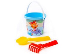 Песочный набор "Три кота" №7: Ведро малое с наклейкой, совок №2, грабельки №2