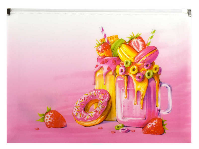Папка А4 для документов «ФРУКТОВЫЕ МИЛКШЕЙКИ» (пластик, гибкая молния, дно с расширением)