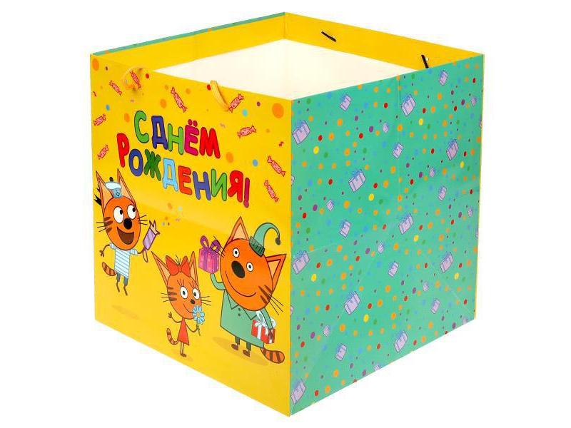 Пакет подарочный «С ДНЕМ РОЖДЕНИЯ! ТРИ КОТА» 30*30*30 см (глян. лам.) PSQ-87458-3C-CN