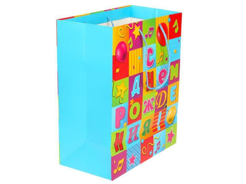 Пакет подарочный «С ДНЕМ РОЖДЕНИЯ! ЯРКИЕ КВАДРАТЫ» 26*32*14 см (мат. лам.) PL-104862-HB6