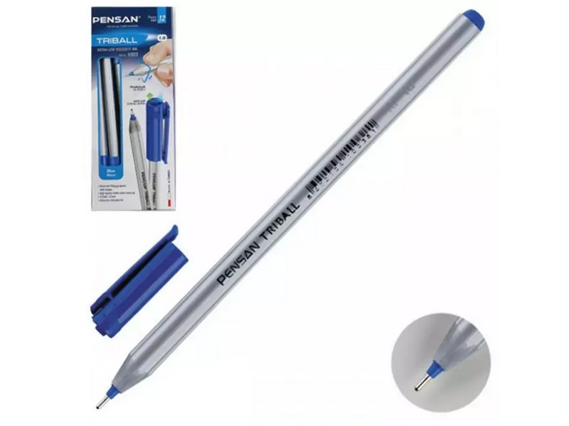 Ручка шариковая "TRIBALL" серый корпус 1 мм СИНЯЯ (12шт/уп)