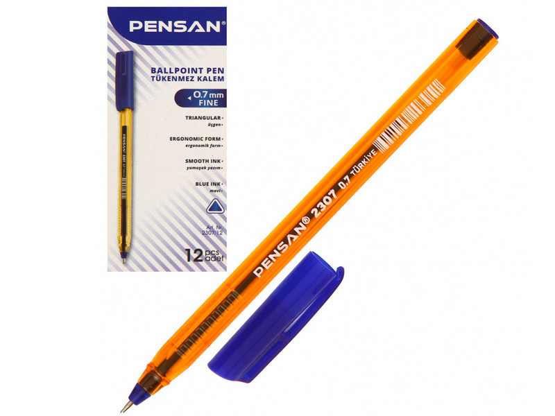 Ручка шариковая «PENSAN» трехгранный прозрачный корпус 0,7 мм СИНЯЯ (12шт/уп)