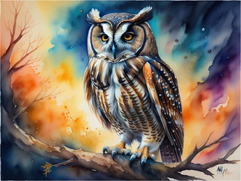 Холст с красками 30х40 см по номерам. СОВА И КРАСОЧНОЕ НЕБО