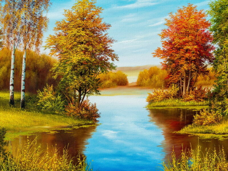 Холст с красками 30х40 см по номерам. ДВА БЕРЕГА РЕКИ