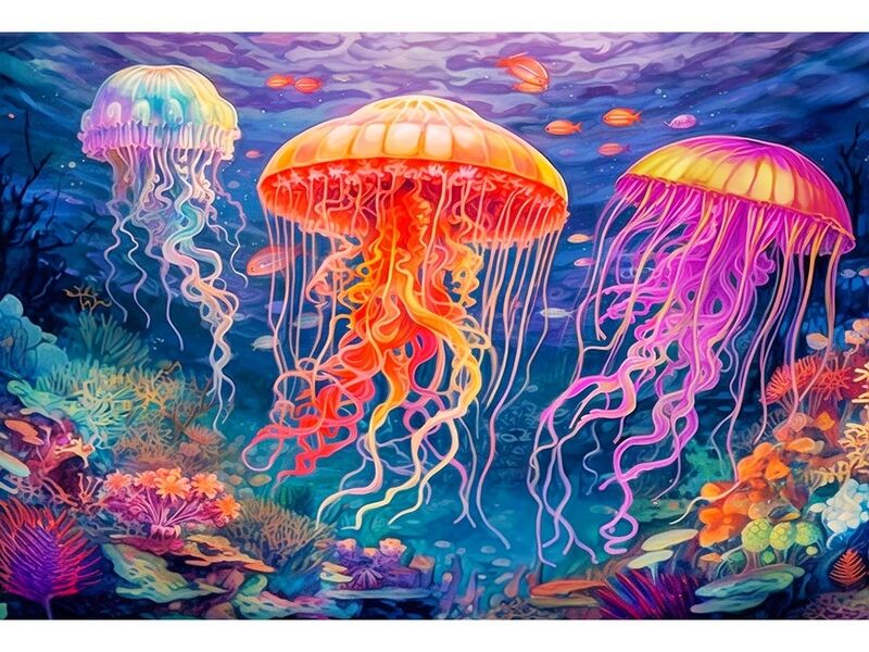 Алмазная мозаика 30х40 см РАЗНОЦВЕТНЫЕ МЕДУЗЫ (с подр., с полн. заполн., класс.)