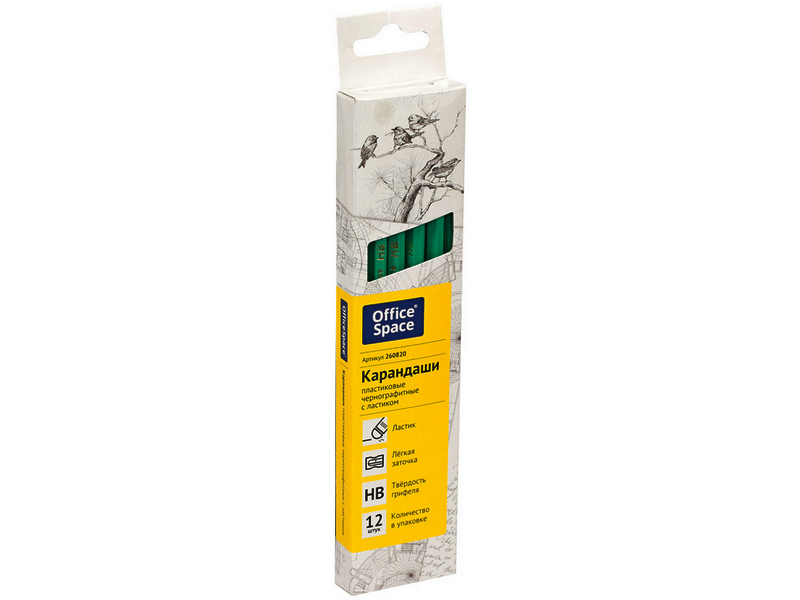 Карандаш ч/г заточенный с ластиком «OfficeSpace» HB, шестигранный пластик. корпус (12шт/уп)