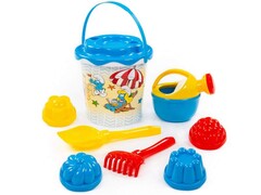 "Смурфики-1" набор №3: ведро с наклейкой, ситечко "Солнышко", лопатка №5, грабельки №5, лейка малая №4, формочки 4 шт