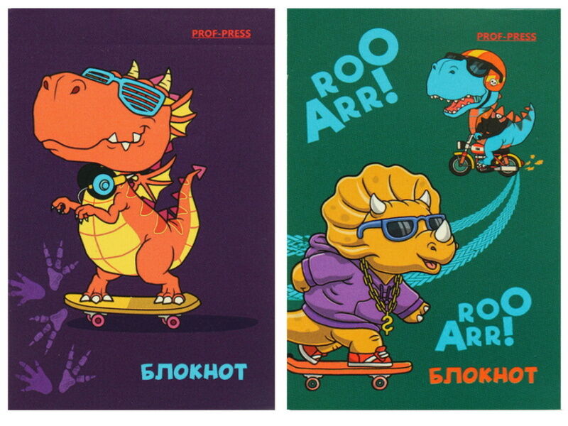 БЛОКНОТ А7 48л «СМЕШНЫЕ ДИНОЗАВРЫ» (КБС, цвет. мелов. обл., офсет)