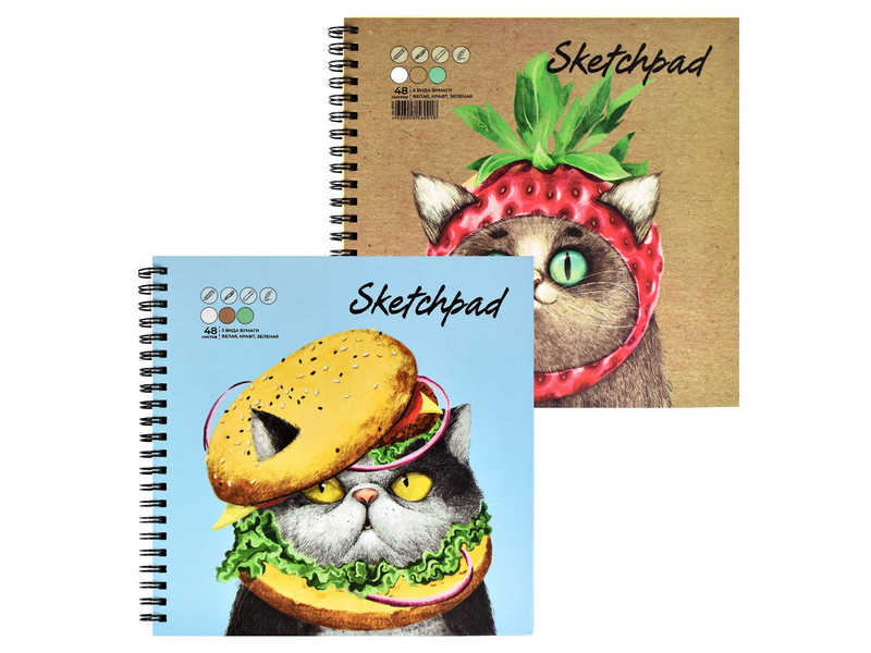 Скетчпад 195*195мм 48 л «КОТЫ» (гребень, белый, зеленый офсет, крафт-бумага, мат. лам.)