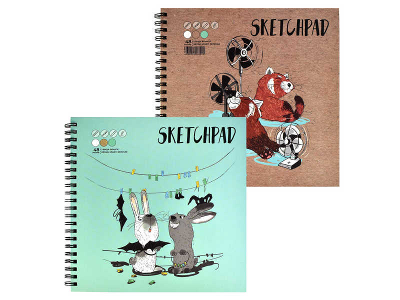 Скетчпад 195*195мм 48 л «ЗАБАВНЫЕ ЖИВОТНЫЕ» (гребень, белый, зеленый офсет, крафт-бумага, мат. лам.)