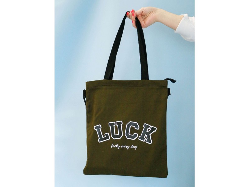Сумка-шоппер "Luck every day" 37*34 см хаки