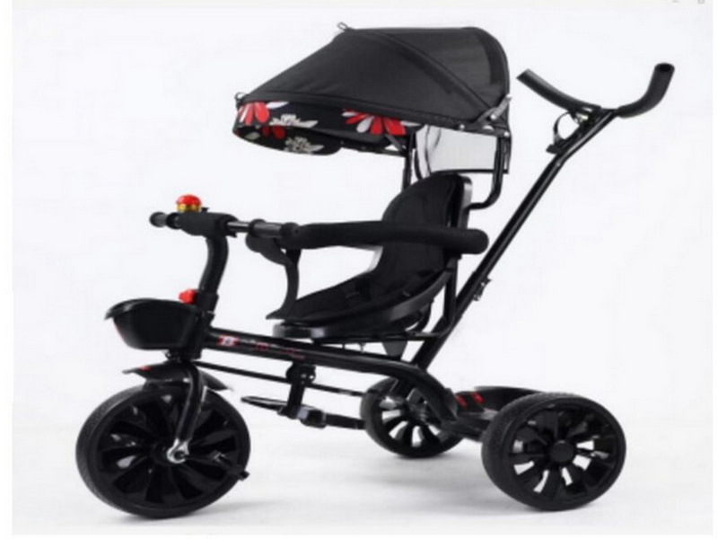 Велосипед трехколесный с родительской ручкой (колеса ПВХ, корзина, крыша) ЧЕРНЫЙ 5018C