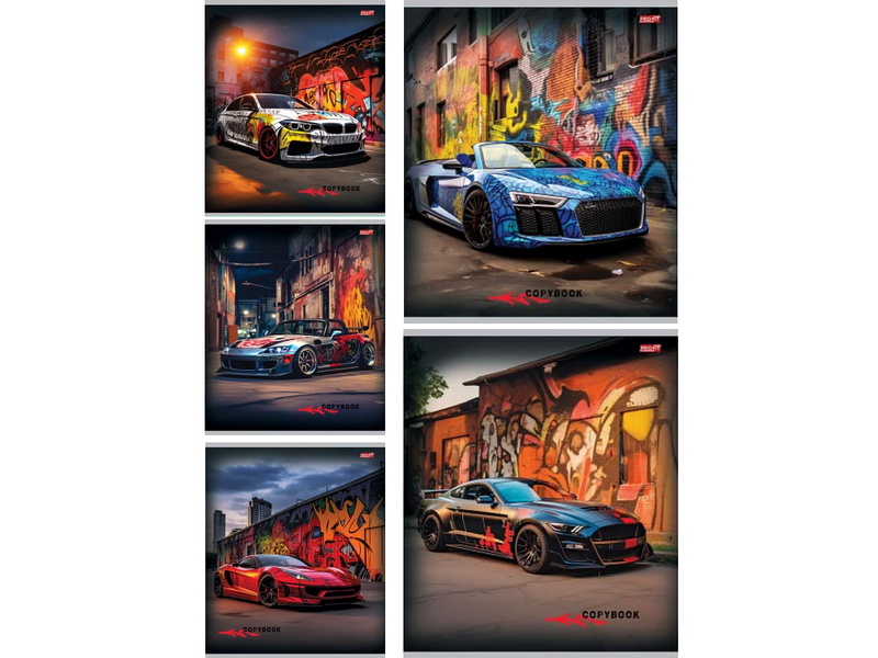 Тетрадь 48 л КЛЕТКА «АВТО НА ФОНЕ ГРАФФИТИ-1» (цвет. мелов. обл.)