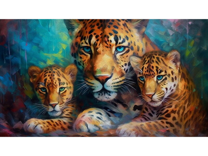 Алмазная мозаика 30х40 см СЕМЕЙСТВО ЛЕОПАРДОВ (с подр., с полн. заполн., класс.)
