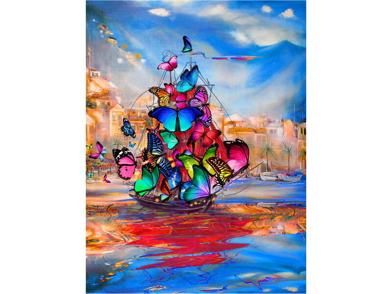 Холст с красками 30х40 см по номерам. КОРАБЛЬ ИЗ БАБОЧЕК