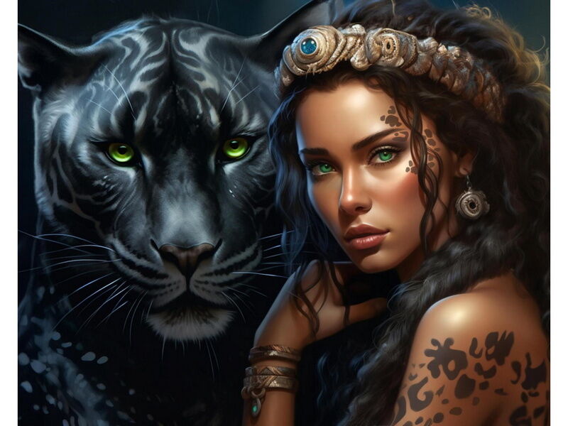 Алмазная мозаика 40х50 см ЗЕЛЕНОГЛАЗЫЙ ЗАЩИТНИК (с подр., с полн. заполн., класс.)