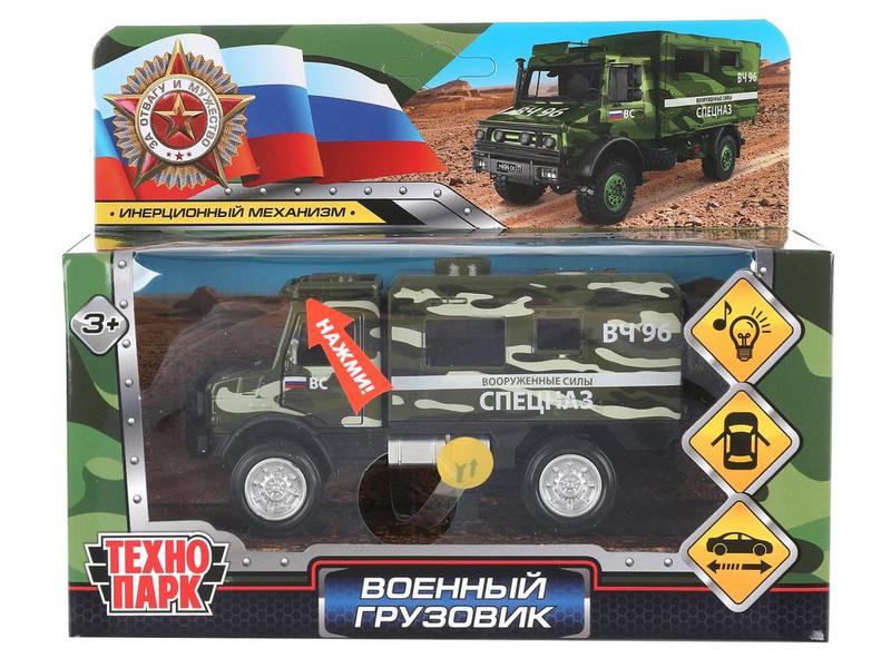 Технопарк. ГРУЗОВИК ВОЕННЫЙ металл. инерц. 14 см (свет, звук, открыв. двери)
