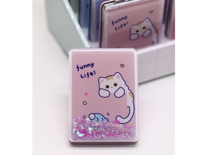 Зеркало шейкер раскладное "Funny life Cat" розовое 8*6 см