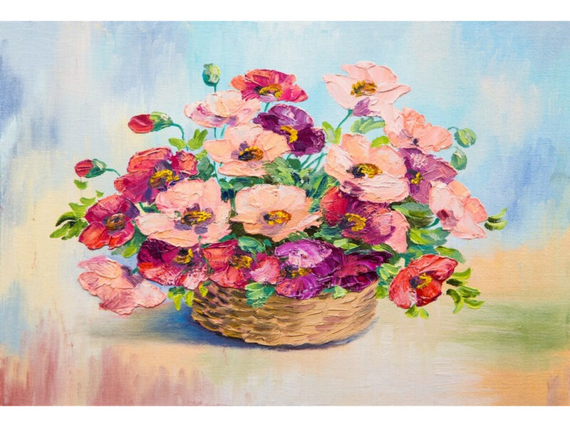 Холст с красками 30х40 см по номерам. БУКЕТ МАКОВ В КОРЗИНЕ