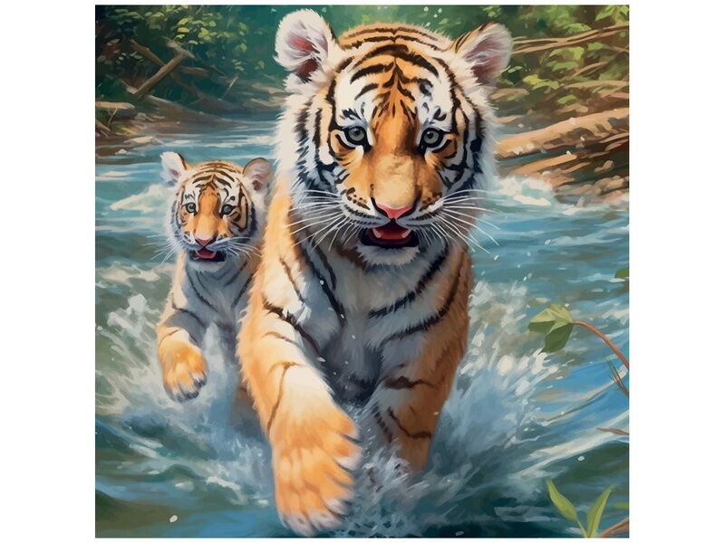 Холст с красками 40х40 см по номерам. ТИГРЯТА НА РЕКЕ