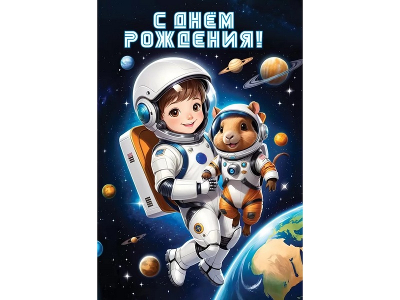Открытка «С Днем Рождения!» (юные космонавты) 12,6*18,2 см