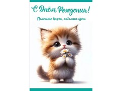 76527 [1804984]Открытка «С Днем Рождения!» (котенок с ромашками) 12,6*18,2 см