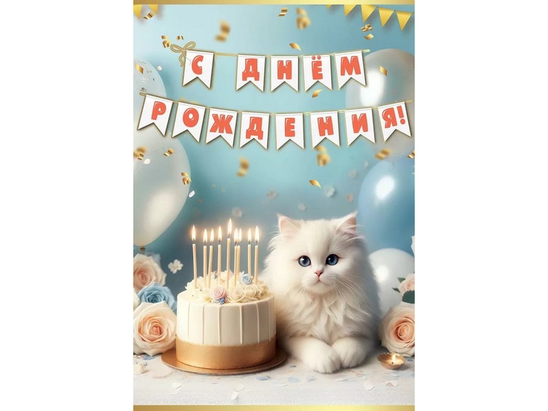 Открытка «С Днем Рождения!» (белый котик) 12,6*18,2 см