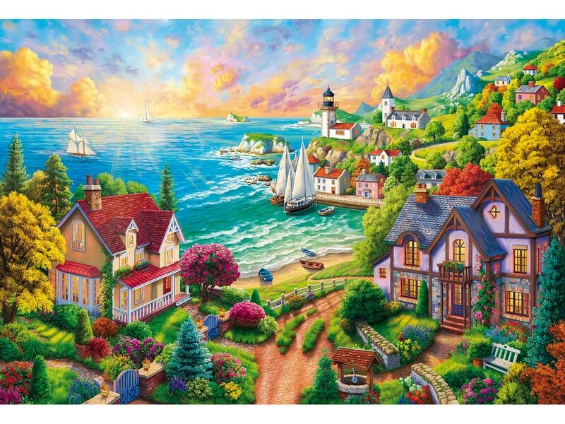 Купить оптом Холст с красками 40х50 см по номерам. ДЕРЕВУШКА У МОРЯ в Луганске