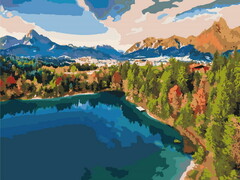 Холст с красками 40х50 см по номерам. СИНЕЕ ОЗЕРО И ГОРЫ ОСЕНЬЮ