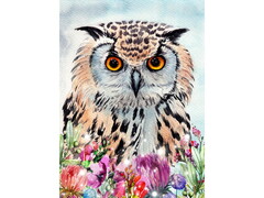 77063 [НД-0824]Алмазная мозаика 22х32 см ФИЛИН В ЦВЕТАХ (с подр., с полн. заполн., класс.)