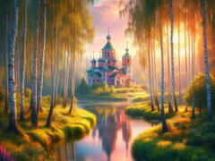77096 [НД-8943]Алмазная мозаика 40х50 см ЦЕРКОВЬ НА РАССВЕТЕ (с подр., с полн. заполн., класс.)