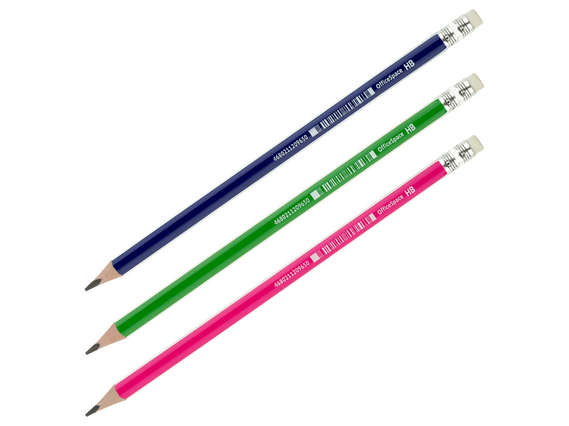 Карандаш ч/г заточенный с ластиком «OfficeSpace» HB, трехгранный полосатый пластик. корпус (12шт/уп)